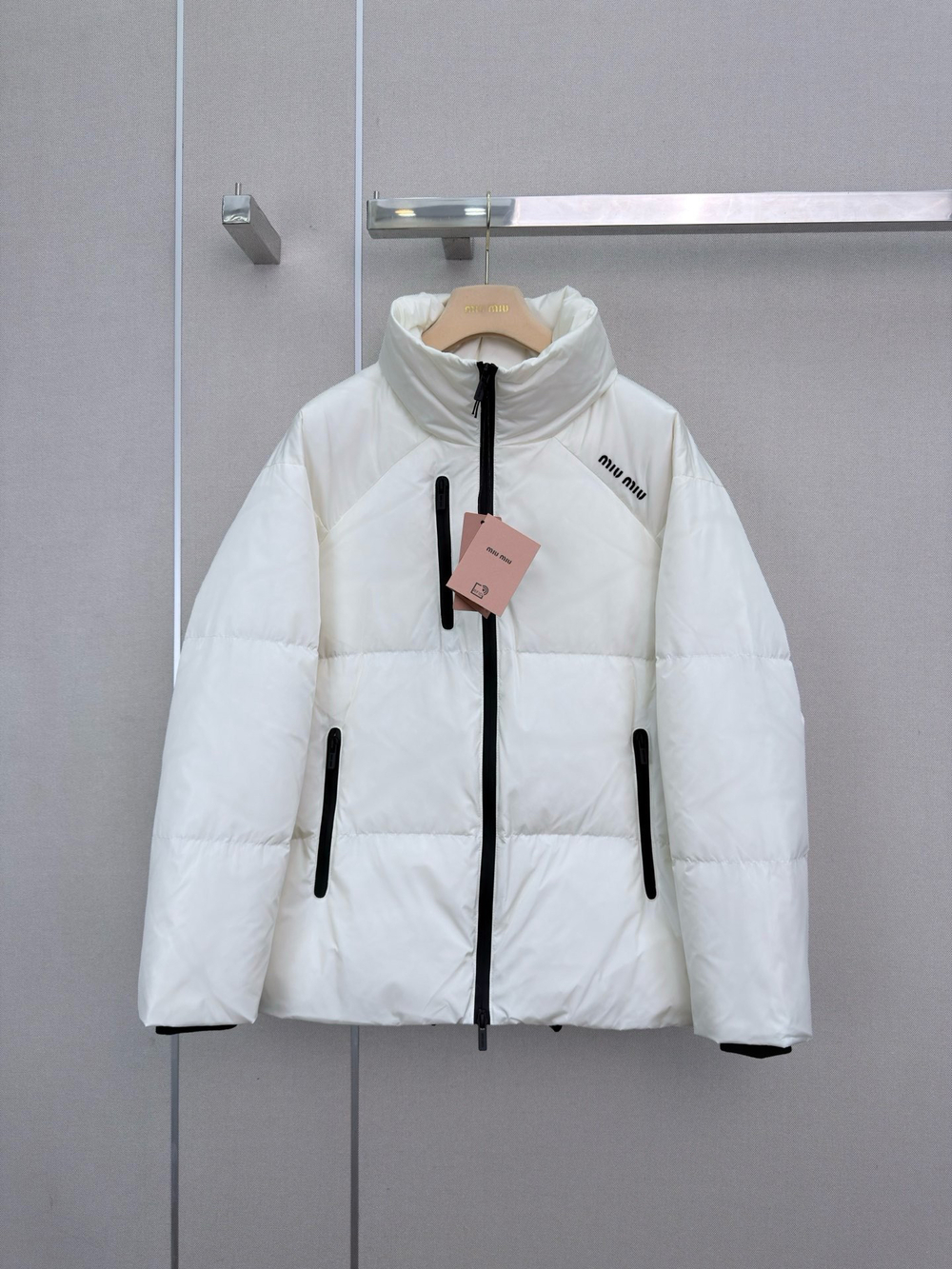 Miu Miu White Cropped Puffer Down Jacket Logo